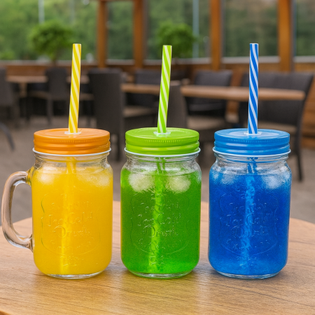 Set 12 bucati pahare sticla cu pai si capac pentru servire bauturi, capacitate 480ml [3]