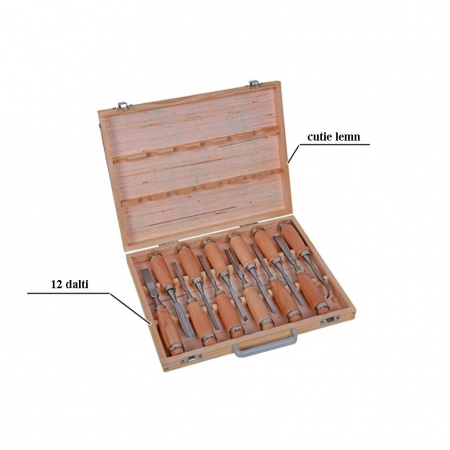 Set 12 dalti profesionale pentru sculptura in lemn si tamplarie, maner lemn fag, cutie transport lemn [1]