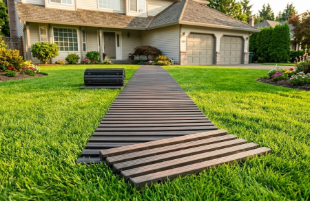 Set 16 bucati podea pentru gradina, dale din plastic, 30 x 8,5 cm, lungime totala 140 cm, imbinare modulara, max. 200 kg, culoare maro [3]