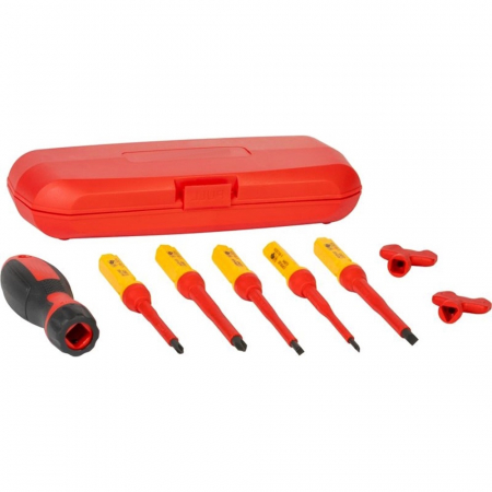 Surubelnite - Set 5 surubelnite VDE pentru electricieni cu maner interschimbabil, izolate 1000V in cutie transport plastic