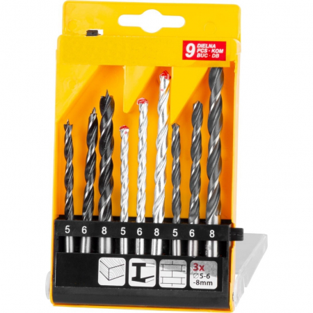 Seturi si accesorii pentru gaurit si insurubat - Set 9 bucati burghie mixte pentru lemn, metal, zidarie 5 mm, 6 mm, 8 mm in cutie transport plastic