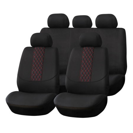 Huse & Prelate auto - Set complet huse auto universale pentru scaune fata si spate, 9 piese cu tetiere incluse, design matlasat negru si rosu, material rezistent la uzura si murdarie, compatibile cu scaune cu airbag latera