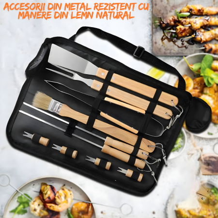 Set complet ustensile pentru gratar din inox cu manere din lemn, 11 piese esentiale pentru gatit in aer liber, livrat in geanta practica pentru depozitare si transport, ideal pentru fripturi, legume s [1]