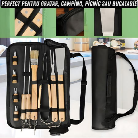 Set complet ustensile pentru gratar din inox cu manere din lemn, 11 piese esentiale pentru gatit in aer liber, livrat in geanta practica pentru depozitare si transport, ideal pentru fripturi, legume s [2]