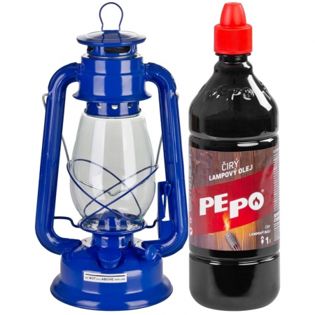 Accesorii camping si drumetii - Set lampa cu fitil + ulei lampa 1l, culoare albastra, inaltime 30cm