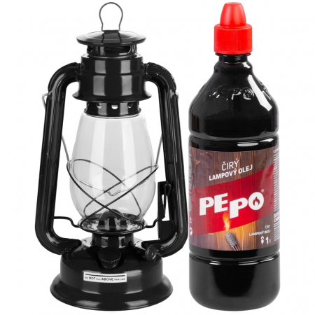 Accesorii camping si drumetii - Set lampa cu fitil + ulei lampa 1l, culoare neagra, inaltime 30cm