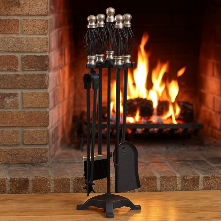 Set stativ metalic cu 4 unelte pentru semineu, maner placat cu nichel, inaltime 66 cm [3]