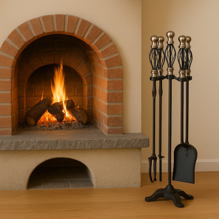 Set stativ metalic cu 4 unelte pentru semineu, maner placat cu nichel, inaltime 66 cm [6]