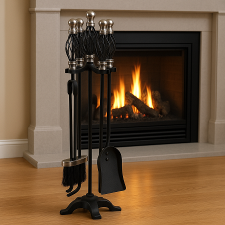 Set stativ metalic cu 4 unelte pentru semineu, maner placat cu nichel, inaltime 66 cm [4]