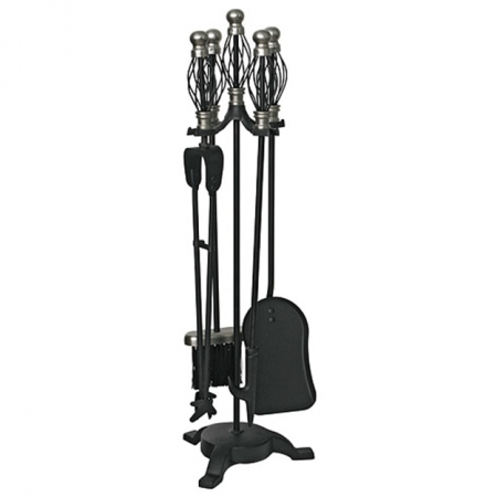 Accesorii sobe si seminee - Set stativ metalic cu 4 unelte pentru semineu, maner placat cu nichel, inaltime 66 cm