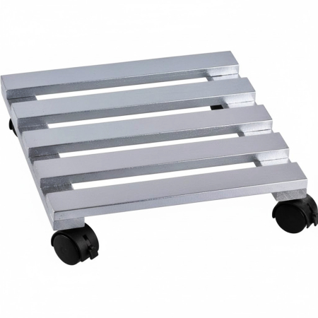 Produse EmagMarketplace - Suport din lemn mobil cu 4 roti pentru ghivece de flori, 30x30 cm, max 50 kg, culoare argintie