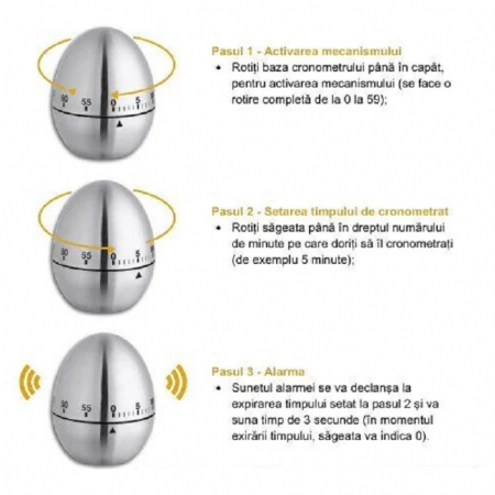 Temporizator mecanic tip cronometru inox pentru bucatarie, inaltime 7.5 cm, forma ou [1]