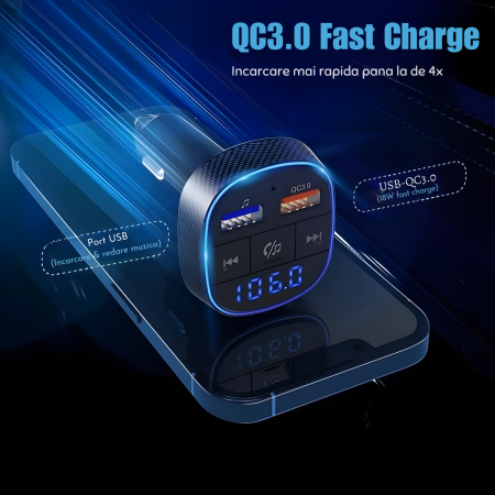 Modulator FM cu Bluetooth si USB, Redare Muzica, Apeluri Hands-Free, Compatibil Android si iOS, Frecventa 87.5–108 MHz, Incarcare Simultana a Doua Dispozitive, Modernizeaza Instant Orice Masina cu Rad [3]