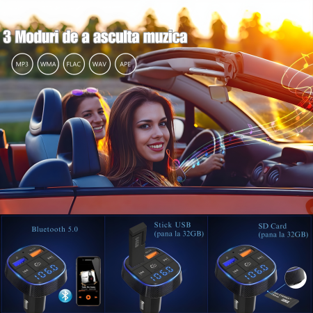 Modulator FM cu Bluetooth si USB, Redare Muzica, Apeluri Hands-Free, Compatibil Android si iOS, Frecventa 87.5–108 MHz, Incarcare Simultana a Doua Dispozitive, Modernizeaza Instant Orice Masina cu Rad [1]