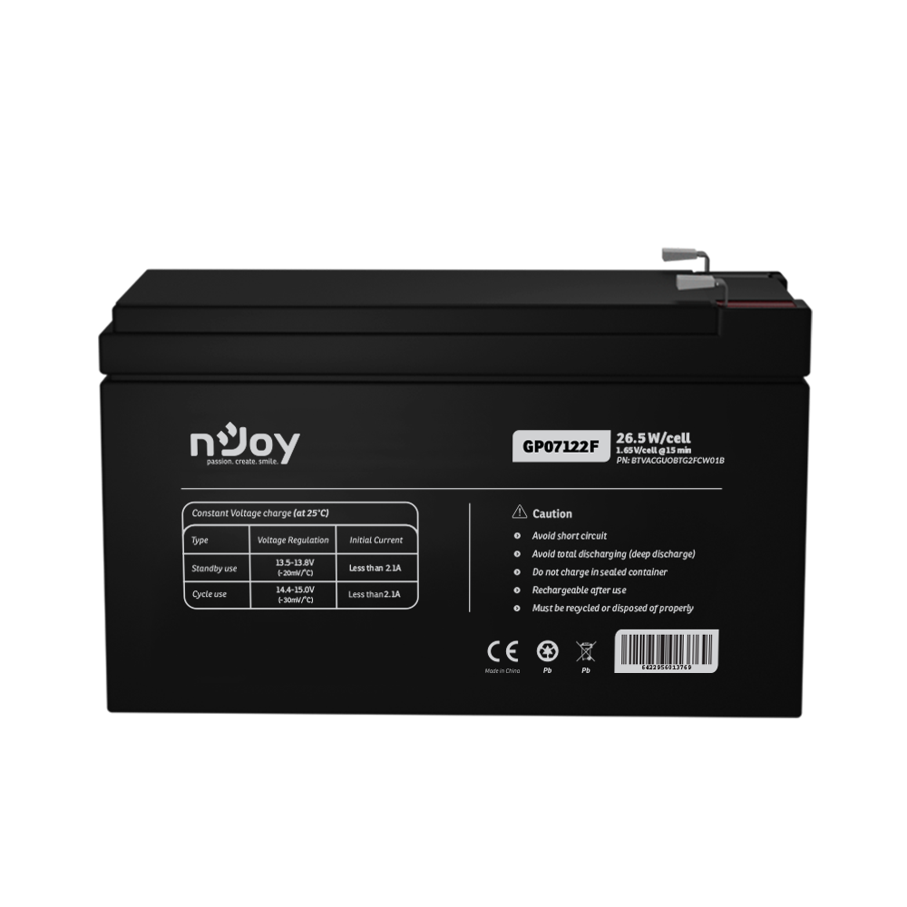 Acumulator nJoy GP07122F 12V 23.51W/cell Battery Model GP07122F Voltage 12V Power (1,65V/cell@15 min) 23.51W/cell Type VRLA - maintanance free Designed Floating Life 3~5 years Nominal Operating Temp.  [2]