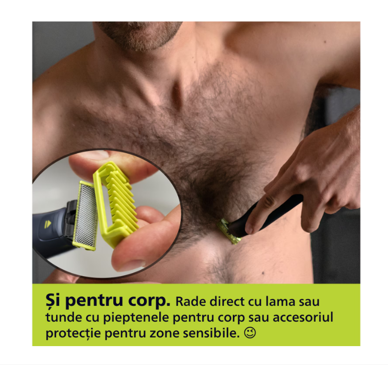 Aparat de ras (0,2mm) si tuns (0,4-10mm) PHILIPS OneBlade Pro QP6542/15, Fata&corp, pieptene cu 14 setari de lungime (0,4-10 mm), 2 accesorii pentru utilizare pe corp, 2 lame 360, 90 min (Li-ion), cab [4]