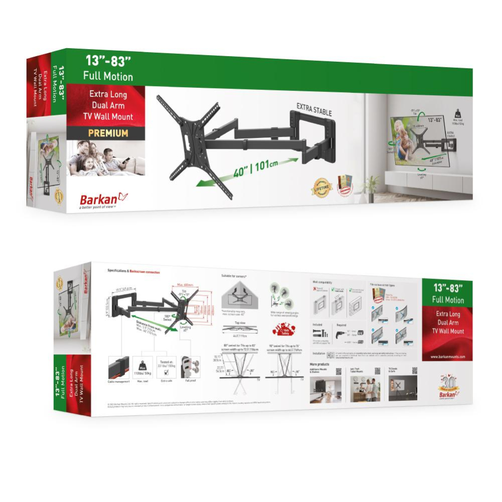 Suport TV plat/curbat de perete cu 2 brate Barkan BM464XL, 13"- 83", Max 50kg, VESA 600x400, negru [9]