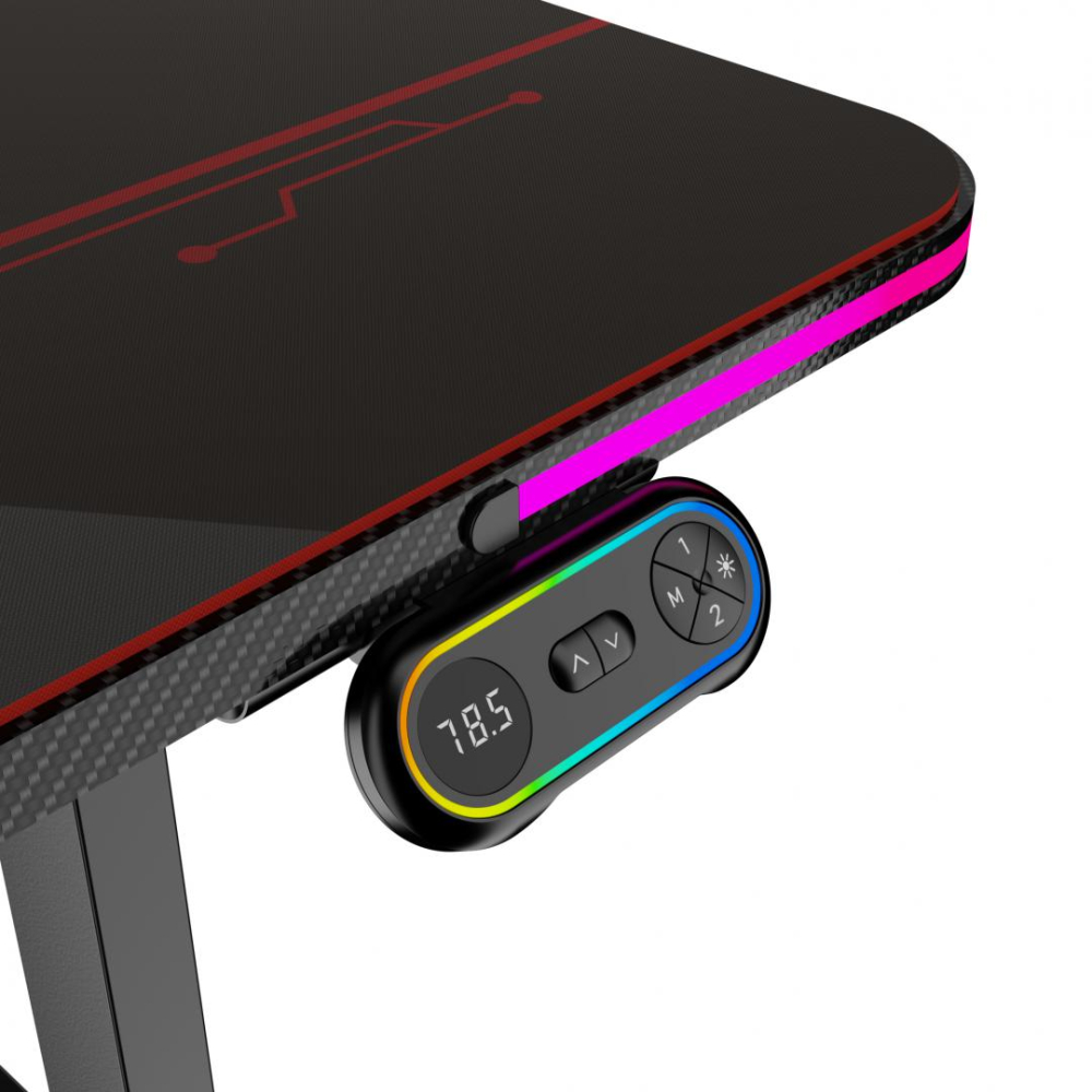 Birou electric Serioux Carbon Pro RGB, reglabil pe inălțime, Dimensiuni blat 1400mm x 700mm, Orientare Cadru: Rectangular, Greutate maxima: 60 kg, Interval de inălțime: 730~ 1210 mm, Segmente coloană: [8]