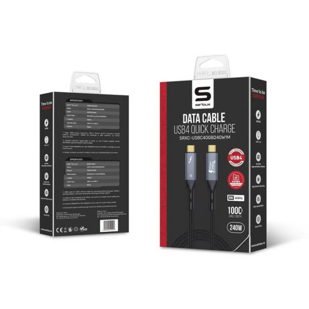 Cablu Serioux USB-C la USB-C, 240W, E-marker Chip integrat, viteza transfer 40Gbs, lungime cablu 100cm, iesire video 8K@60HZ sau Dual 4k@ 60hz, negru [2]