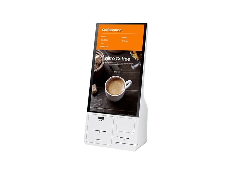 Kiosk interactiv Samsung KM24A, include imprimanta si cititor de cod QR/barcode (display + connection box); nu include POS; se poate instala pe stand optional [2]
