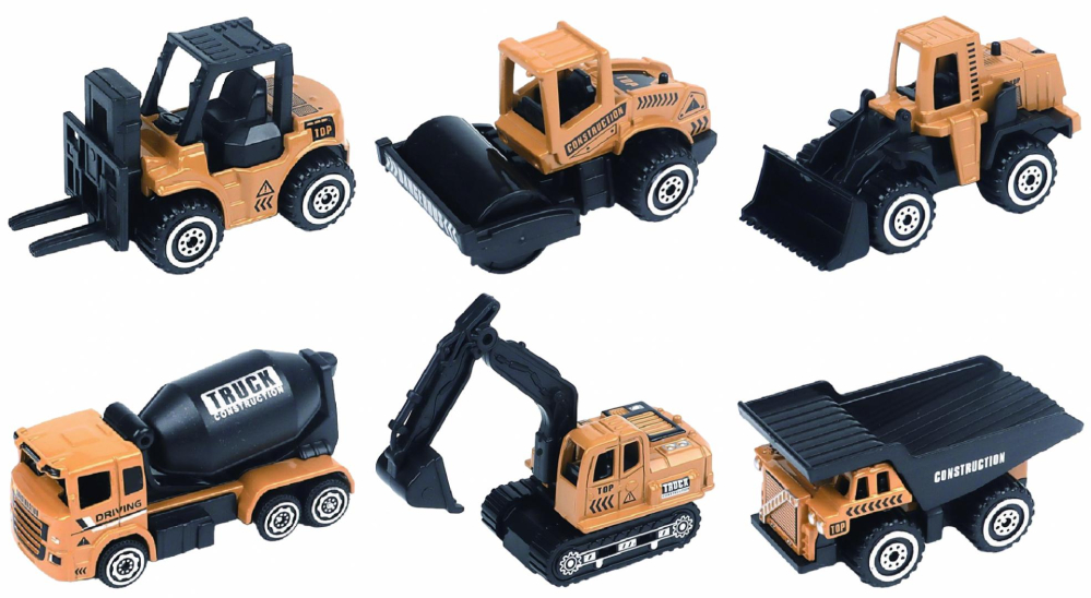 MACHETA DIE CAST, SET 6 UTILAJE, SCARA 1/64, 7.5CM, DIVERSE MODELE SI CULORI- INCARCATOR, COMPACTOR, BULDOZER, BETONIERA, EXCAVATOR SENILE, BASCULANTA- ALB, BLEU,NEGRU SI GALBEN [3]