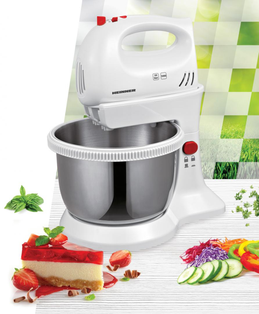 Mixer cu bol Heinner HMBR-300W, Bol rotativ din inox, capacitate: 3.4 L putere: 300W, 5 viteze+Turbo, buton de blocare, accesorii: palete pentru framantare si teluri din inox [4]