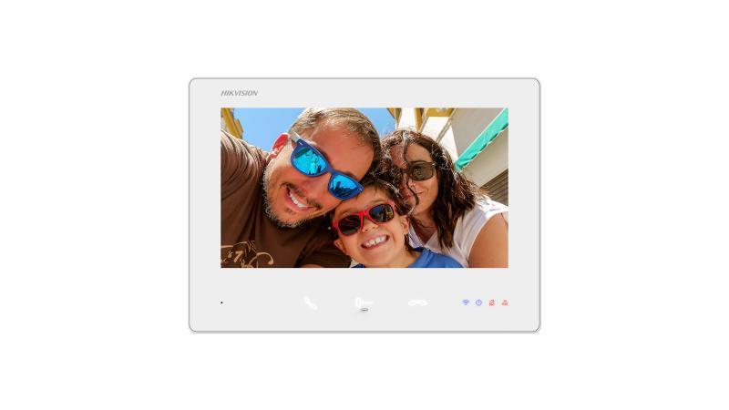 Monitor videointerfon color Hikvision DS-KH7300EY-WTE2/White, 7-inch, rezolutie: 1024 × 600, Colorful TFT, 3 butoane, alarm 1, Wi-Fi 2.4 GHz, IEEE802.11b, IEEE802.11g, IEEE802.11n alimentare: IEEE802. [1]