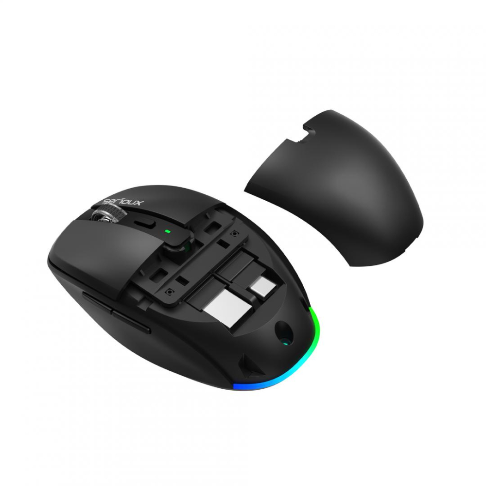 Mouse wireless AirFlow 2.4G+BT cu mod dual, cu receptor dual USB-A +USB-C; Reincarcabil USB-C, LED frontal Mod: 2.4G + Bluetooth Număr cheie: 6 Material: ABS Culoare: Negru complet DPI: 800-1200-1600  [3]