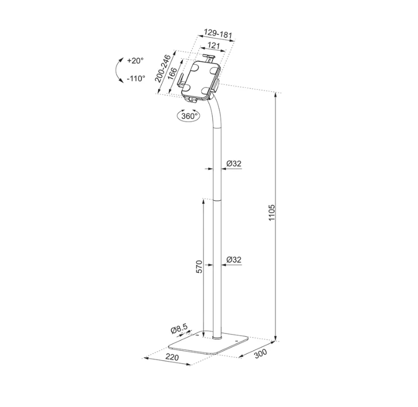 Neomounts by Newstar FL15-625BL1 tablet floor stand General Min. screen size* : 7,9 inch Max. screen size* : 11 inch Max. weight : 1 kg Screens : 1 Functionality Type : Tilt, Rotate Tilt (degrees) : + [3]