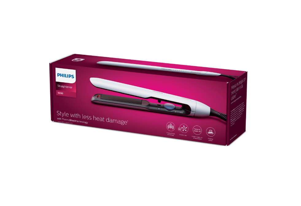 Placa de indreptat parul PHILIPS Prestige BHS520/00, Tehnologie ThermoShield, Placi infuzate cu ulei de argan, 230°C, Ingrijire ioni, 12 setari temperatura, Husa termorezistenta, Albastru deschis, L x [2]