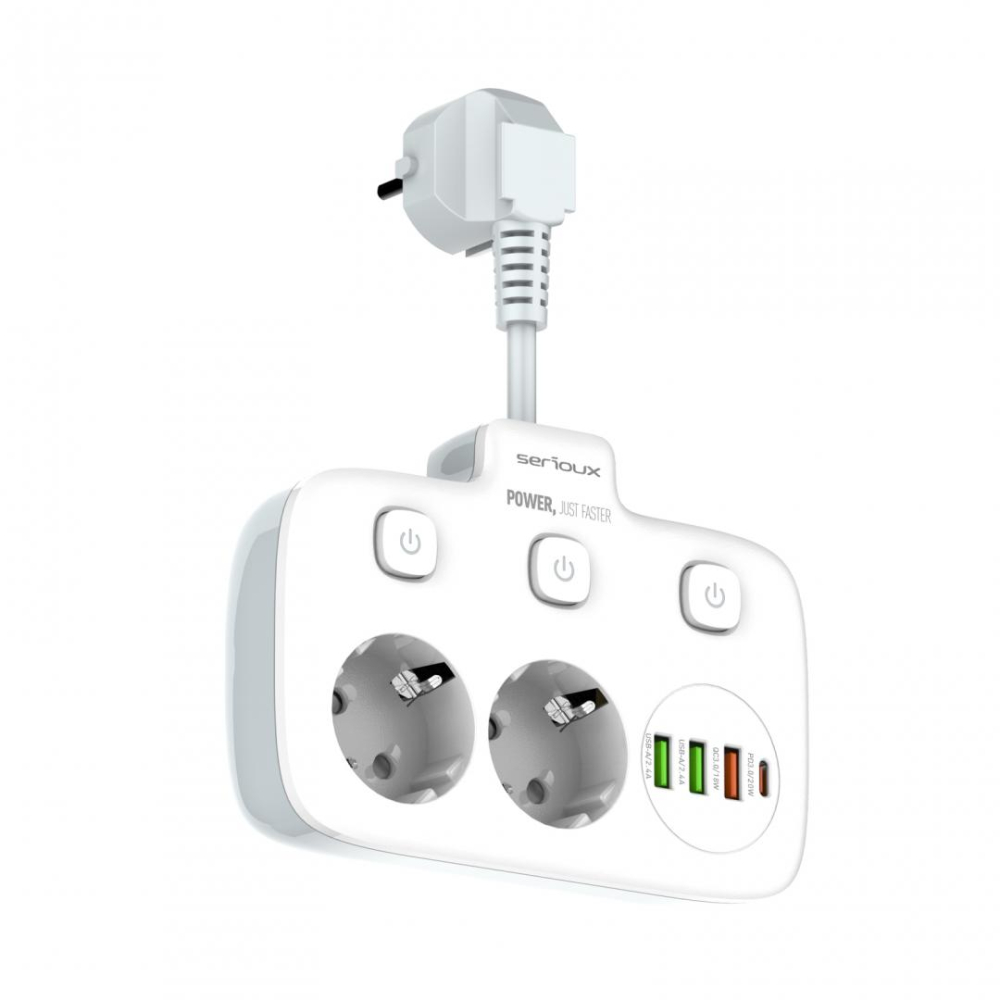 Prelungitor tip priza cu protectie Serioux Quick Charge 3.0, parametri nominali: 2500W-10A(Max) 250V, Intrare: AC100-250V 10A 50/60HZ , Ieșire PD: 5V=3A 9V=2.22A 12V=1.67A 20W (MAX), Ieșire QC: 5V-3A  [4]