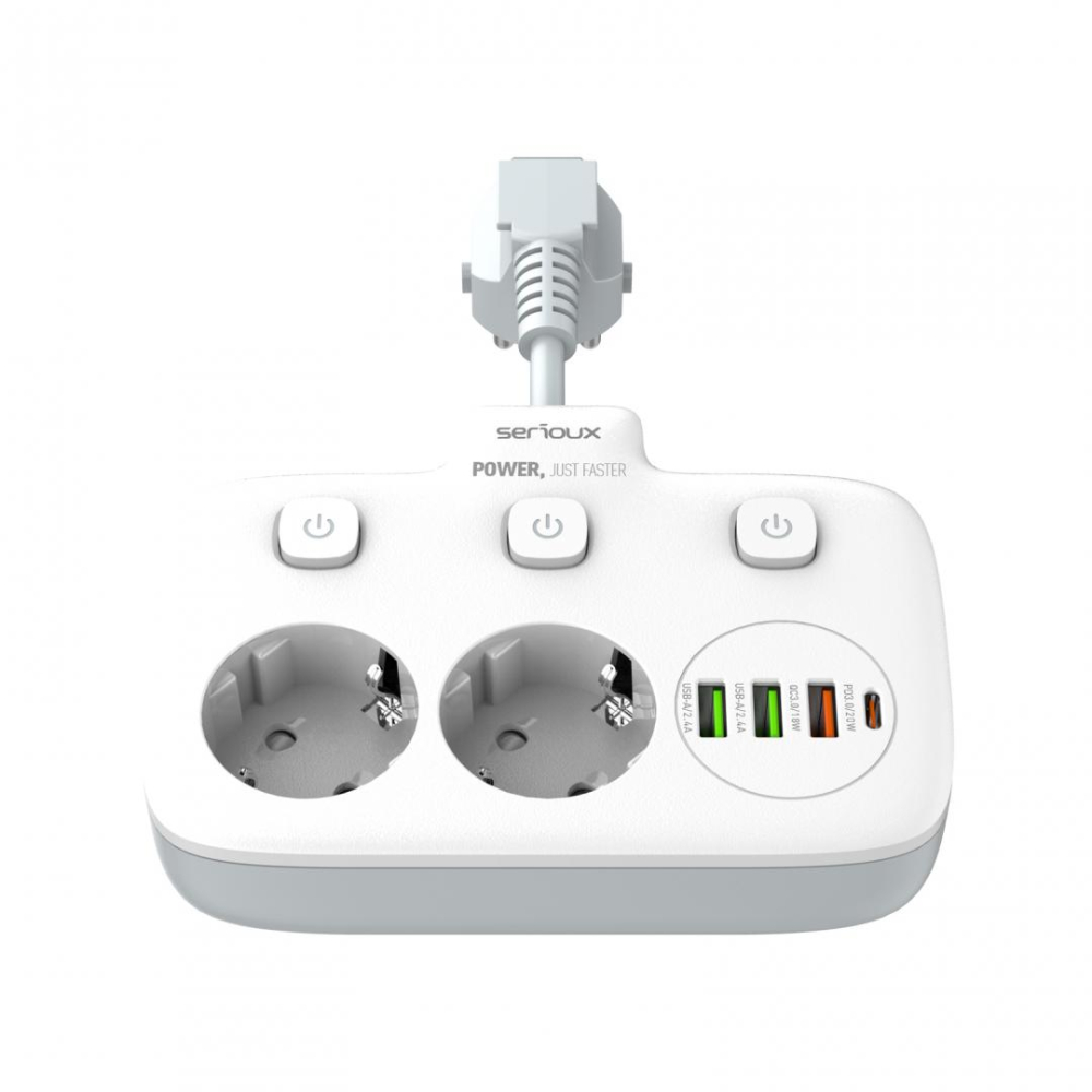 Prelungitor tip priza cu protectie Serioux Quick Charge 3.0, parametri nominali: 2500W-10A(Max) 250V, Intrare: AC100-250V 10A 50/60HZ , Ieșire PD: 5V=3A 9V=2.22A 12V=1.67A 20W (MAX), Ieșire QC: 5V-3A  [2]