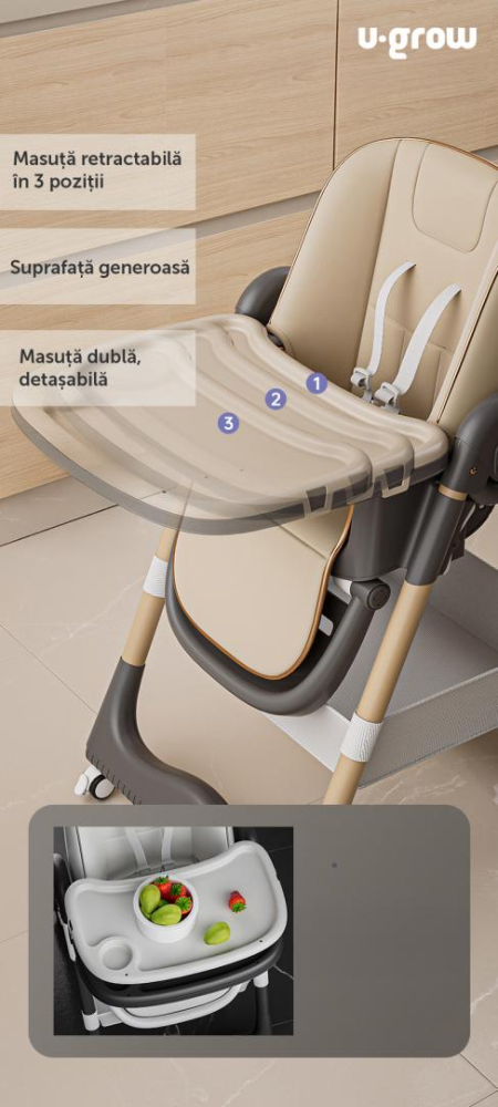 Scaun de masa cu inaltime reglabila, spatar ajustabil in 4 pozitii, pliabil, brown, U-Grow [3]