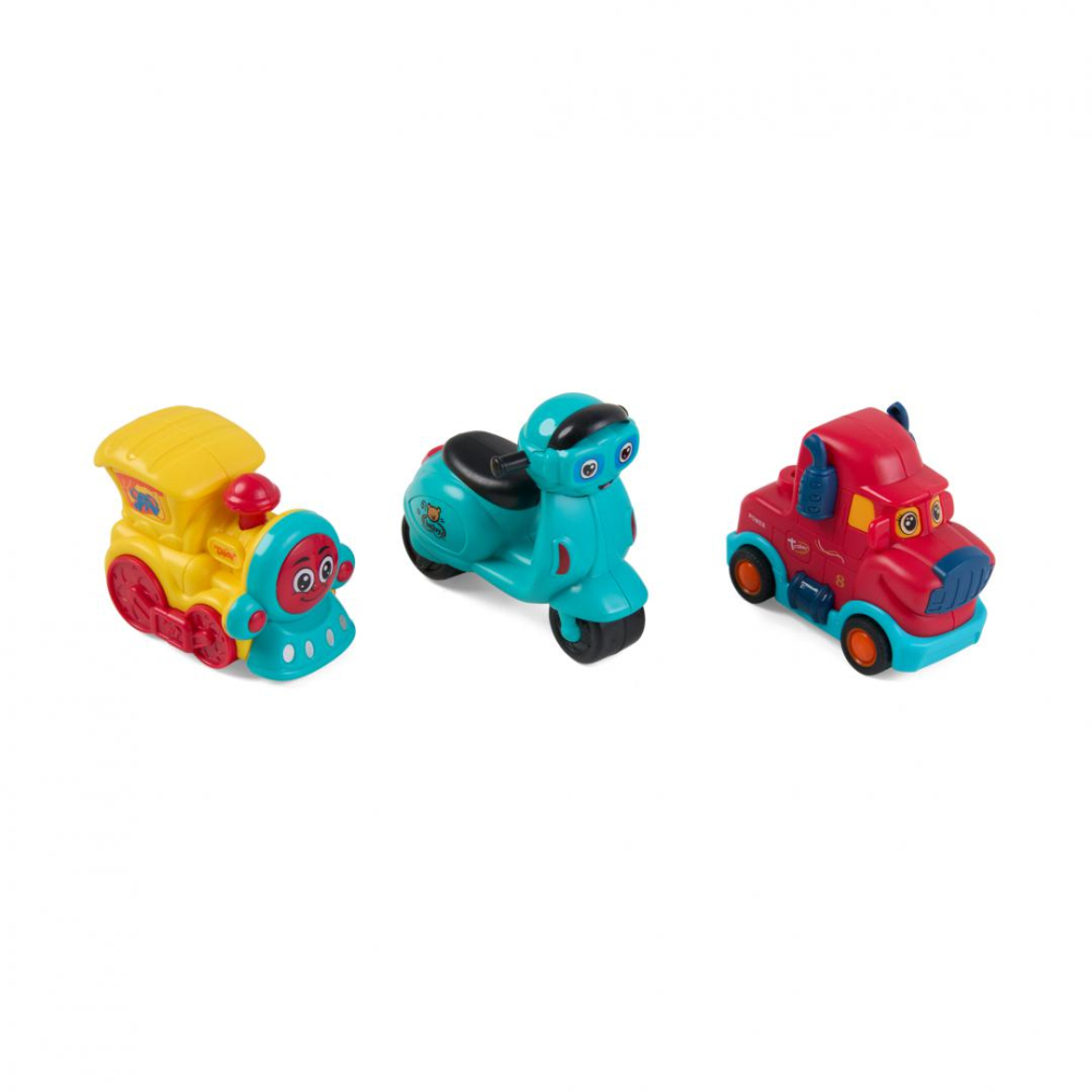 SET 3 VEHICULE ACTIONATE PRIN INERTIE- MASINUTA ROSIE, TREN GALBEN, SCUTER ALBASTRU,MOMKI [3]