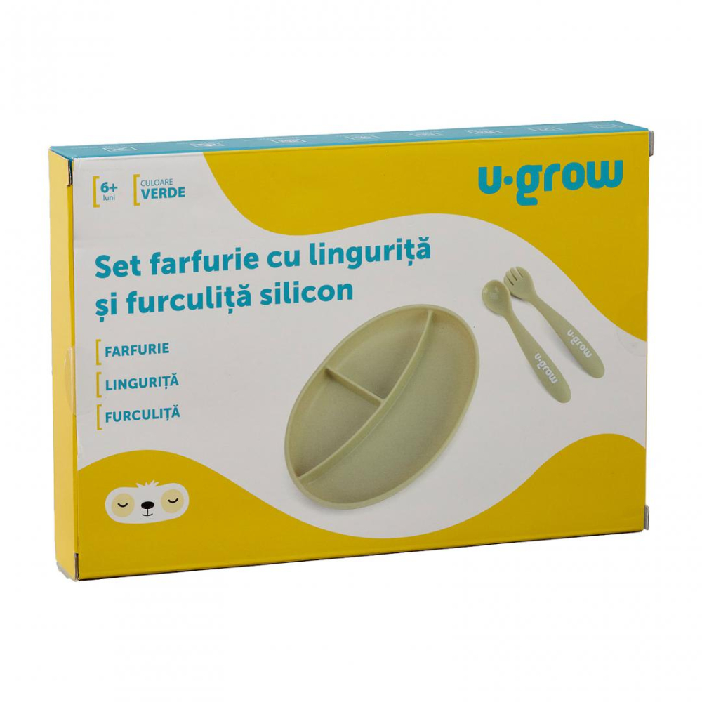 Set farfurie cu lingurita si furculita silicon, olive,U-Grow [3]