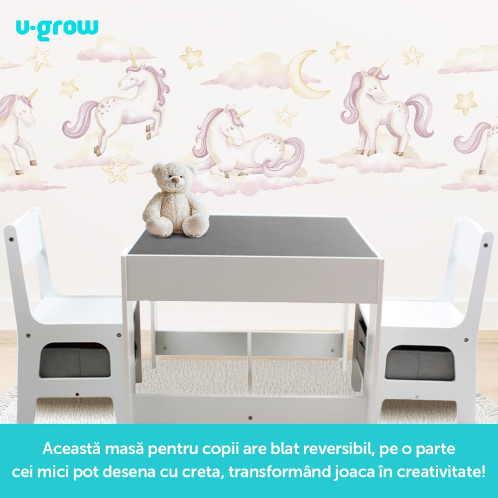 Set masuta si 2 scaune pentru copii , alb MDF, U-Grow [7]