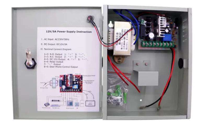 SURSA ALIMENTARE 5A CARCASA METAL Input voltage: 220V AC~240V AC; 50~60Hz Output voltage: 11V DC-14V DC 5A Output contact: locking, access control, exit button Backup battery: Support 12V/7AH (not inc [2]