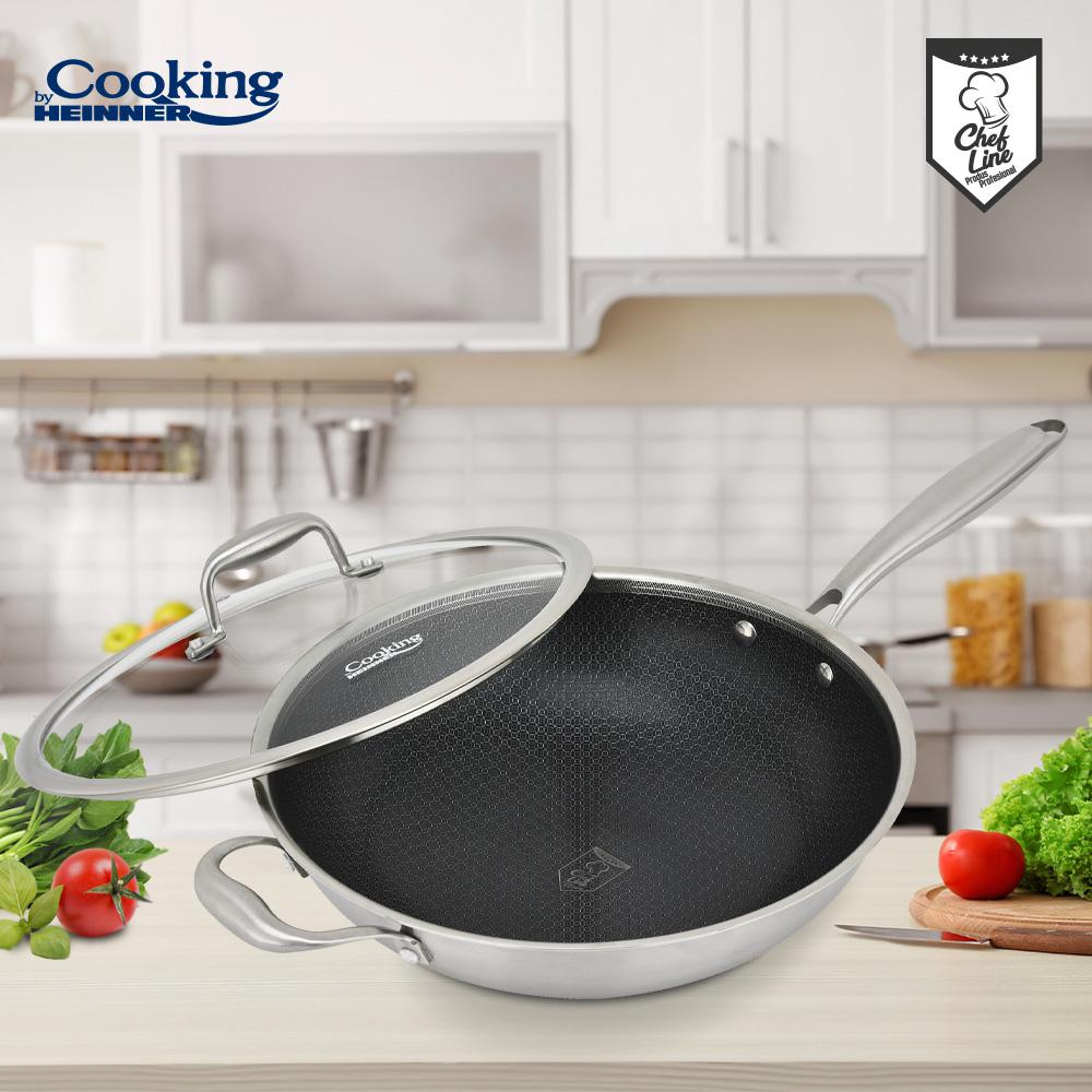 TIGAIE WOK INOX + CAPAC STICLA 30x8.5 CM, 4.5L, TITANIUM3, COOKING BY HEINNER [7]