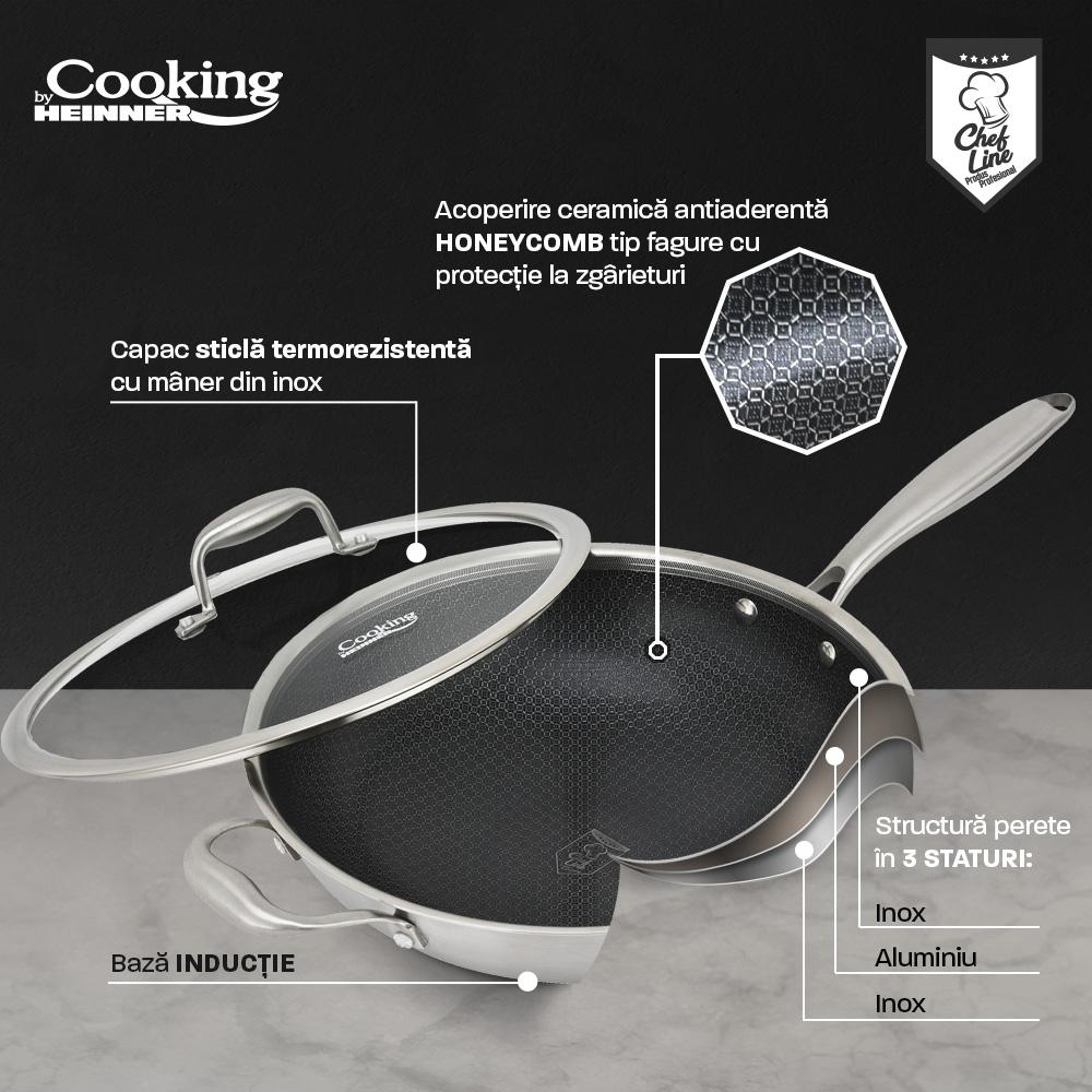 TIGAIE WOK INOX + CAPAC STICLA 30x8.5 CM, 4.5L, TITANIUM3, COOKING BY HEINNER [6]