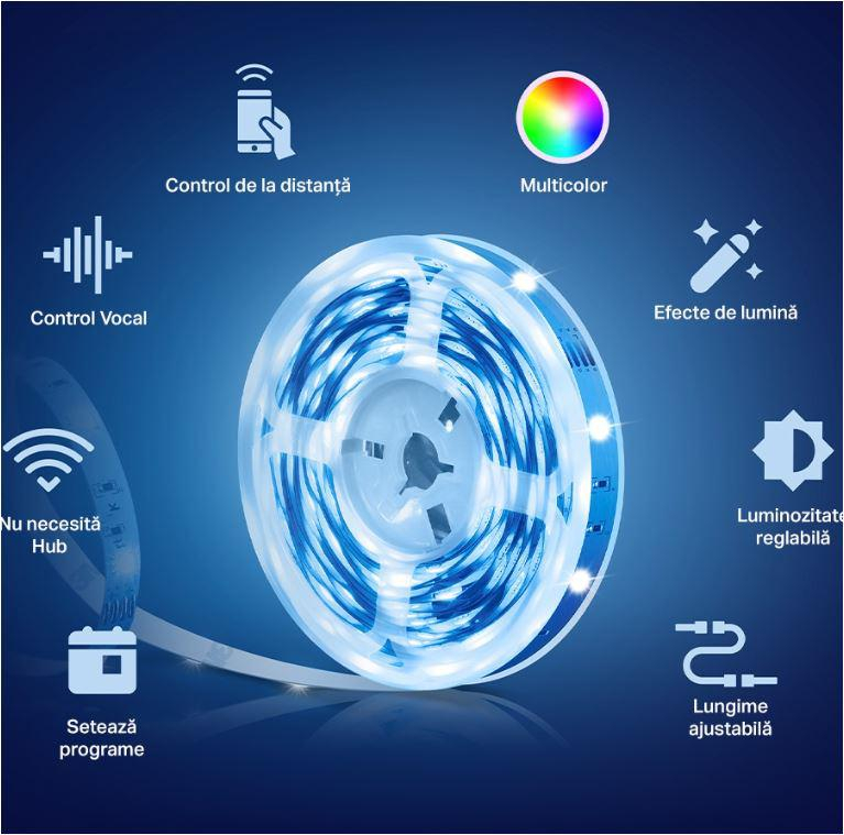 TP-Link Tapo L900-10 Smart light strip kit, 16 milioane culori, 2 x 5m, dimensiuni: 5000 × 10 × 1.6 mm fiecare, Wi-Fi Protocol: IEEE 802.11b/g/n, Frecventa: 2.4 GHz, intensitate reglabila. [2]