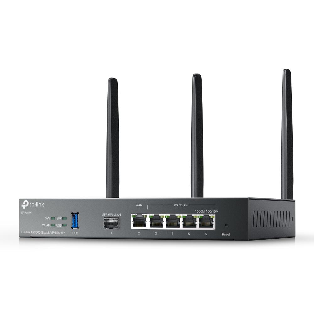 "Omada AX3000 Wi-Fi 6 Gigabit VPN Router PORT: 1× Gigabit SFP WAN/LAN Port, 1× Gigabit RJ45 WAN Port, 4× Gigabit WAN/LAN RJ45 Ports, 1× USB 3.0 SPEED: 574Mbps at 2.4 GHz + 2402 Mbps at 5 GHz (HE160) F [3]