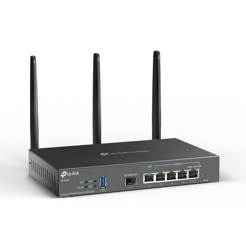 "Omada AX3000 Wi-Fi 6 Gigabit VPN Router PORT: 1× Gigabit SFP WAN/LAN Port, 1× Gigabit RJ45 WAN Port, 4× Gigabit WAN/LAN RJ45 Ports, 1× USB 3.0 SPEED: 574Mbps at 2.4 GHz + 2402 Mbps at 5 GHz (HE160) F [4]