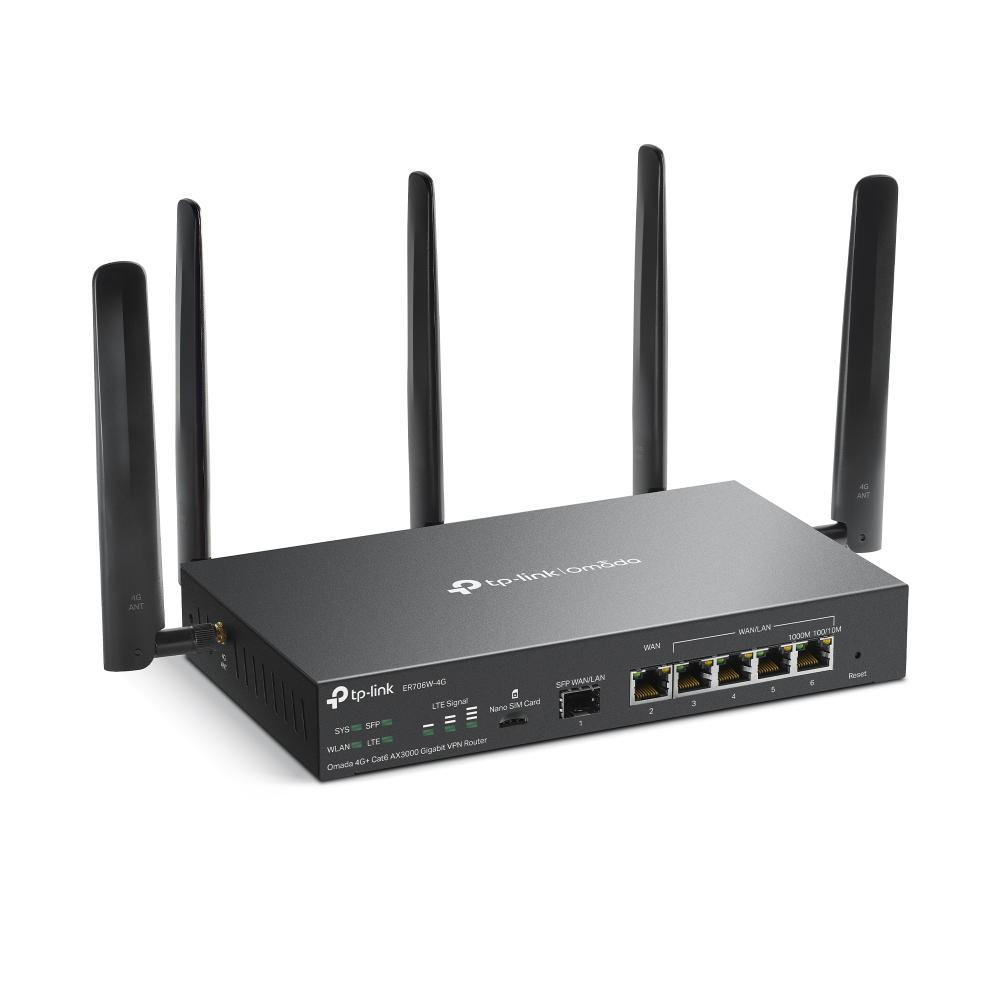 "Omada 4G+ Cat6 AX3000 Gigabit VPN Router PORT: 1× Gigabit SFP WAN/LAN Port, 1× Gigabit RJ45 WAN Port, 4× Gigabit WAN/LAN RJ45 Ports, 1 Nano SIM slot (4G+ Cat6) SPEED: 574Mbps at 2.4 GHz + 2402 Mbps a [2]