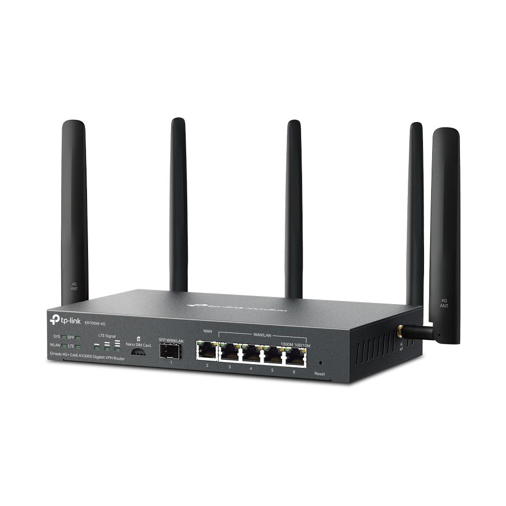 "Omada 4G+ Cat6 AX3000 Gigabit VPN Router PORT: 1× Gigabit SFP WAN/LAN Port, 1× Gigabit RJ45 WAN Port, 4× Gigabit WAN/LAN RJ45 Ports, 1 Nano SIM slot (4G+ Cat6) SPEED: 574Mbps at 2.4 GHz + 2402 Mbps a [3]