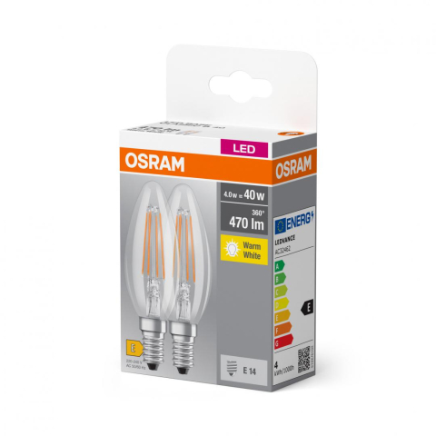 Iluminat - 2 Becuri LED Osram Base Classic B, E14, 4W (40W), 470 lm, lumina calda (2700K), cu filament