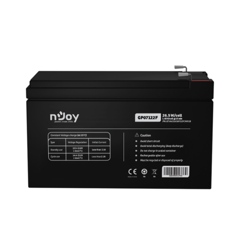 Acumulator nJoy GP07122F 12V 23.51W/cell Battery Model GP07122F Voltage 12V Power (1,65V/cell@15 min) 23.51W/cell Type VRLA - maintanance free Designed Floating Life 3~5 years Nominal Operating Temp.  [1]