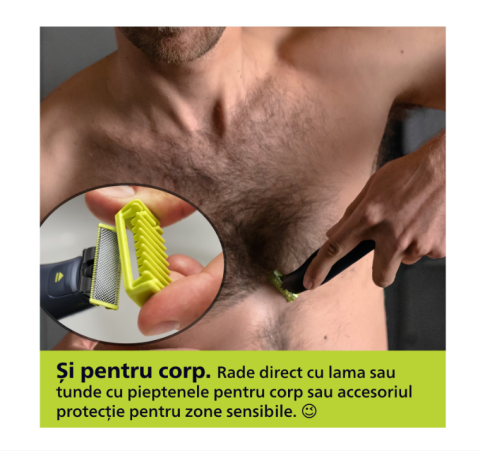 Aparat de ras (0,2mm) si tuns (0,4-10mm) PHILIPS OneBlade Pro QP6542/15, Fata&corp, pieptene cu 14 setari de lungime (0,4-10 mm), 2 accesorii pentru utilizare pe corp, 2 lame 360, 90 min (Li-ion), cab [3]