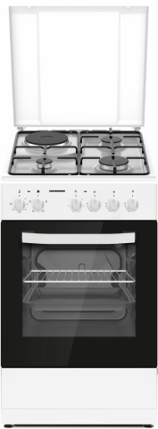 Aragazuri - Aragaz mixt Heinner HFSC-S56E1HSWH, 3 arzatoare gaz, gratar Email, Cuptor electric, grill, aprindere electrica, dispozitiv de siguranta, lumina cuptor, 50x60 cm, Alb