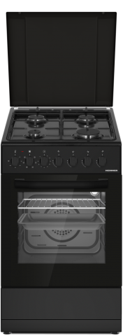 Aragazuri - Aragaz mixt Heinner HFSC-S60LITGC-BK, 4 arzatoare gaz, gratar Email, cuptor electric, grill, ventilatie, aprindere electrica, dispozitiv de siguranta, lumina cuptor, 50x60 cm, negru