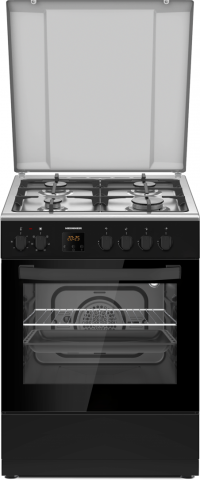 Electrocasnice mari - Aragaz mixt Heinner HFSC-S66FDCC-IBK, 4 arzatoare gaz, timer digital, gratar fonta, cuptor electric, grill, ventilatie, aprindere electrica, dispozitiv de siguranta, lumina cuptor, 60x60 cm, negru